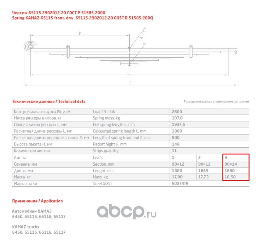 690000367 65115-2902103 ЧМЗ - Лист №3 передней рессоры КамАЗ-65115,6520(L1680мм — фото 255x150