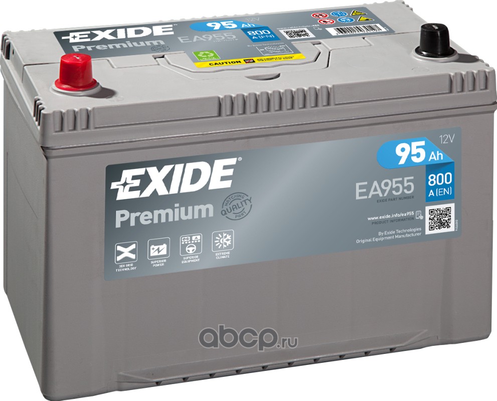 ea955 АКБ EXIDE Premium Азия 95A/ч (EA955) (+/-) 12V 800A EN 306х173х222 — фото 255x150