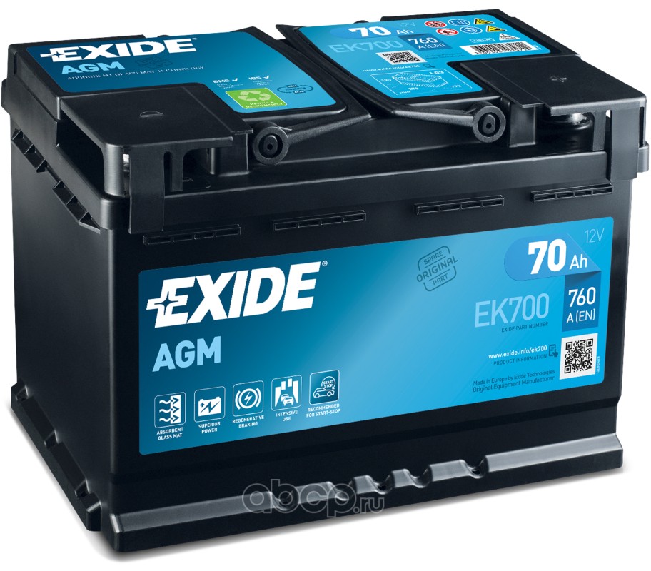 ek700 Аккумуляторная батарея 19.5/17.9 евро 70Ah 760A 278/175/190 AGM — фото 255x150