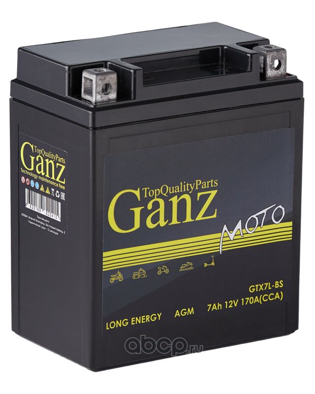 gn12071 Аккумулятор GANZ мото AGM 7 А/ч Обратная 114x71x131 CCA170 А GTX7L-BS — фото 255x150