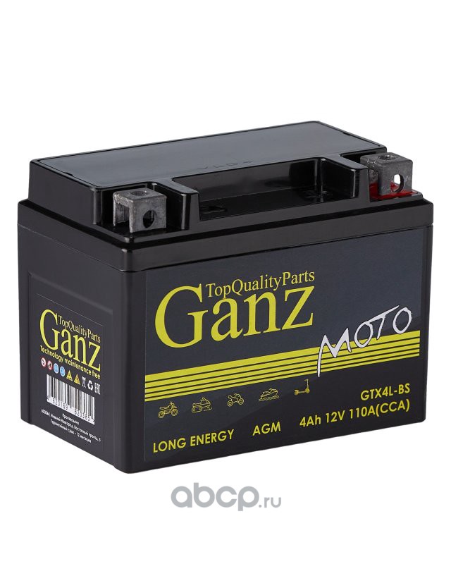 gn1204 Аккумулятор GANZ мото AGM 4 А/ч Обратная 113x70x89 CCA110 А GTX4L-BS — фото 255x150