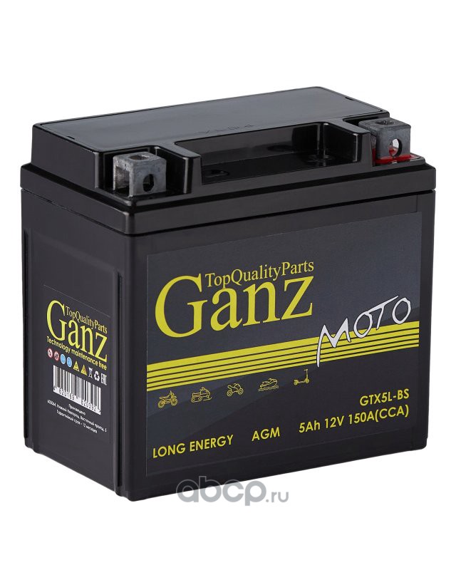 gn1205 Аккумулятор GANZ мото AGM 5 А/ч Обратная 114x69x109 CCA150 А GTX5L-BS — фото 255x150
