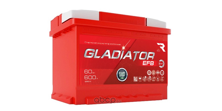 gef6010 Аккумулятор GLADIATOR EFB 60 Ah, 600 A, 242x175x190 прям — фото 255x150