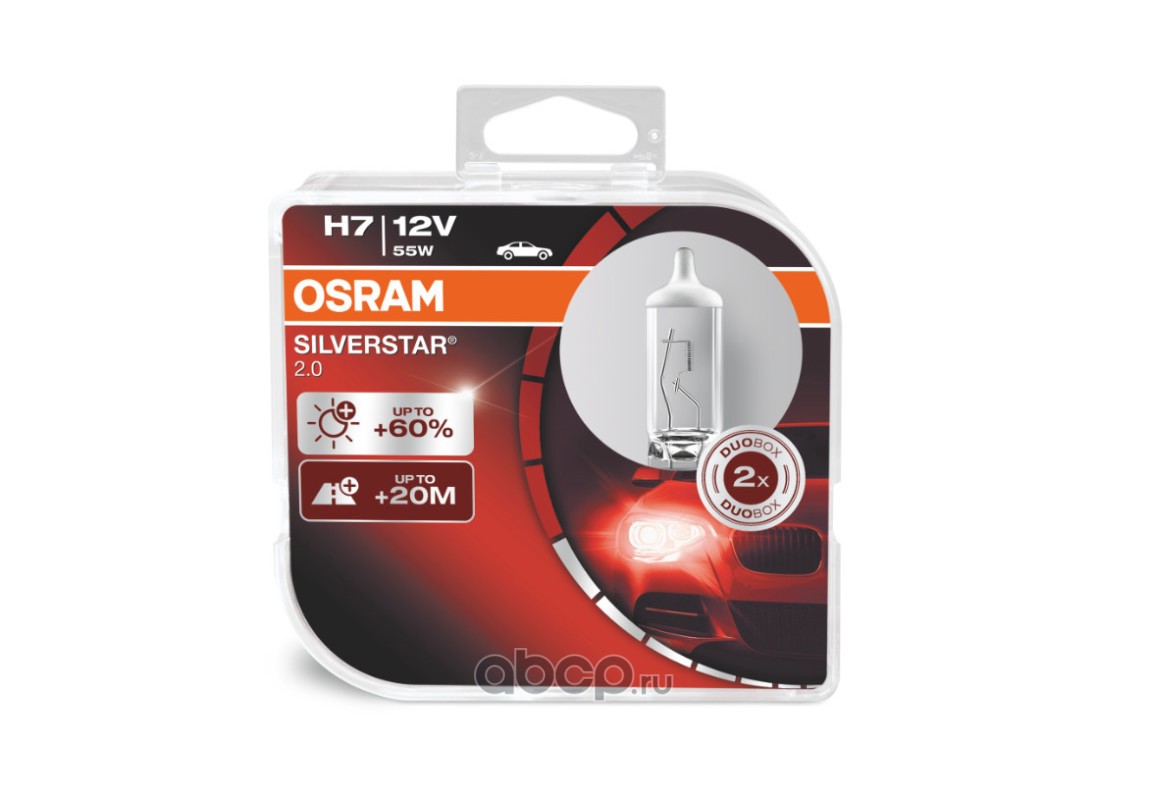 64210sv2hcb Лампа галоген H7 12/55W к-т 2шт "OSRAM" +60 SILVERSTAR 2.0 — фото 255x150