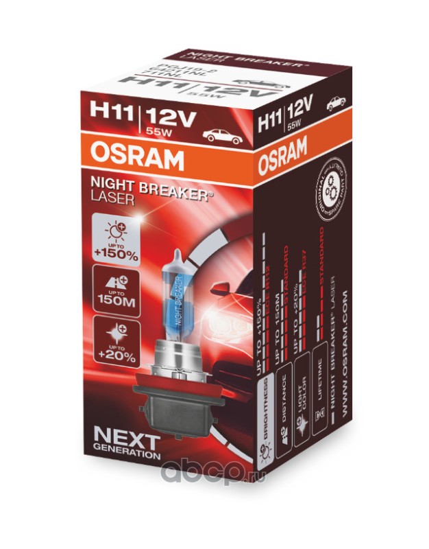 64211nl Лампа галогенная H11 12В 55 Вт PGJ19-2 тип 53110U Night Breaker Laser Osram — фото 255x150