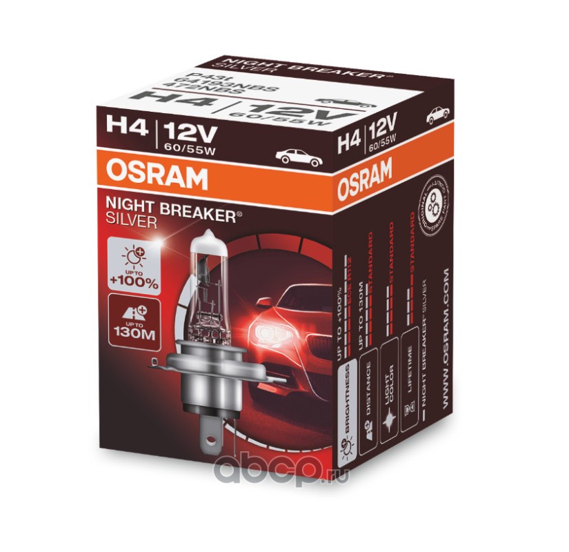 64193nbs Лампа 12V H4 60/55W P43t +100% Night Breaker Silver OSRAM 64193NBS — фото 255x150