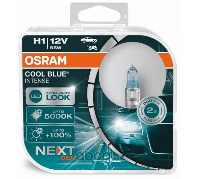64150cbnhcb Лампа галоген.H1 12 V 55 W Cool Blue Intense +100 (P14.5s) (NEXT GEN) DuoBox (2 шт.) (Osram) — фото 255x150