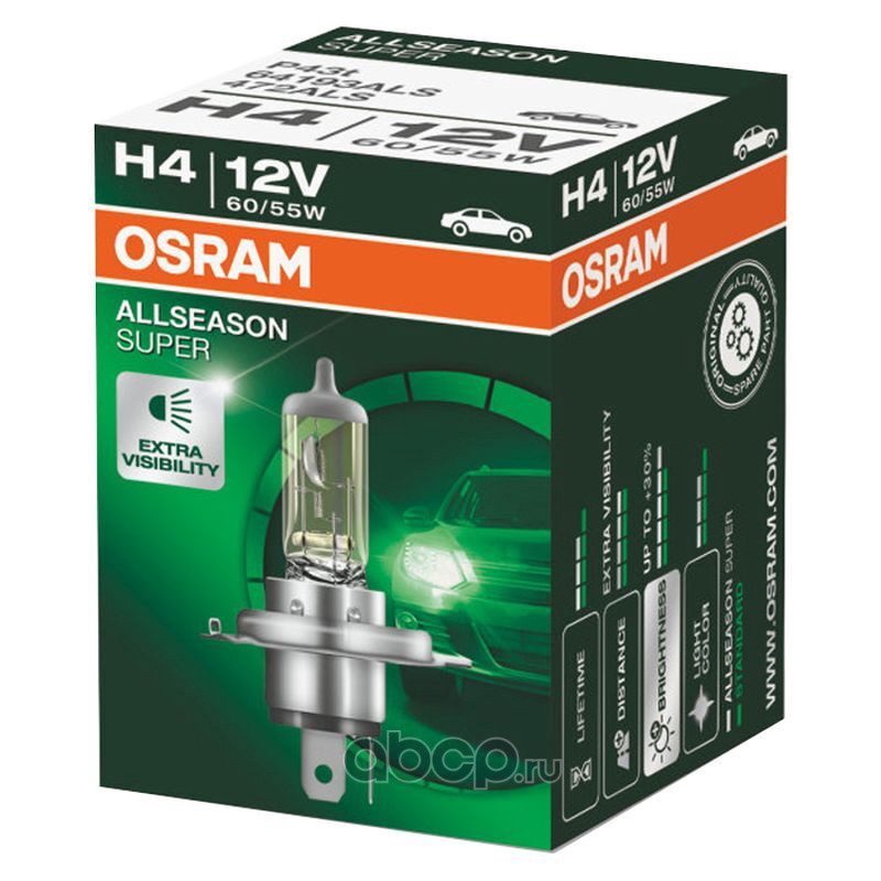 64193als Лампа 12V H4 60/55W +30 P43t OSRAM ALLSEASON 1 шт. картон 64193ALS — фото 255x150