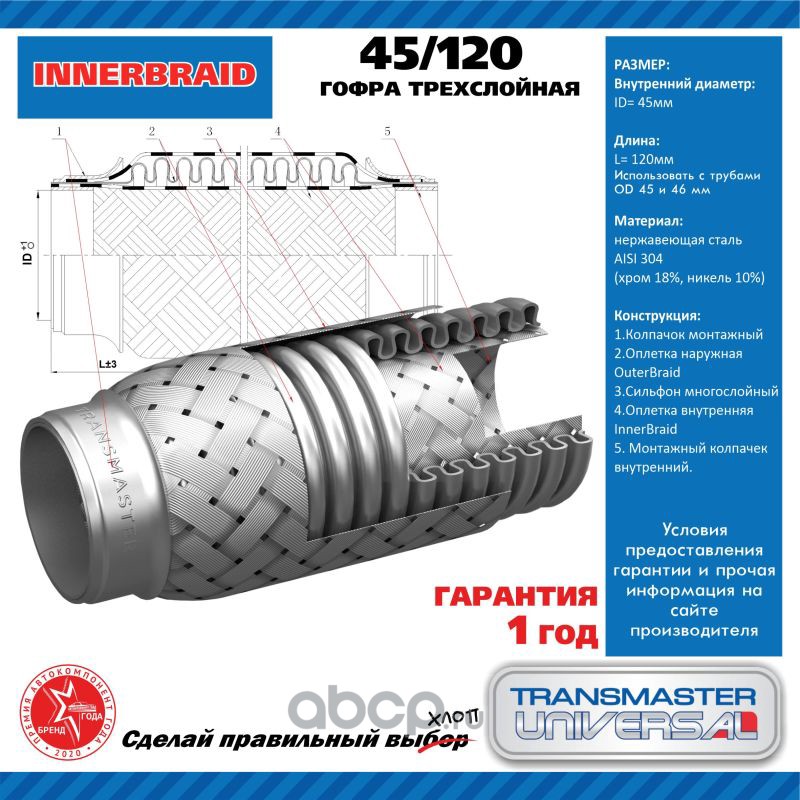 45120 Гофра выхлопной трубы 45/120 трехслойная — фото 255x150