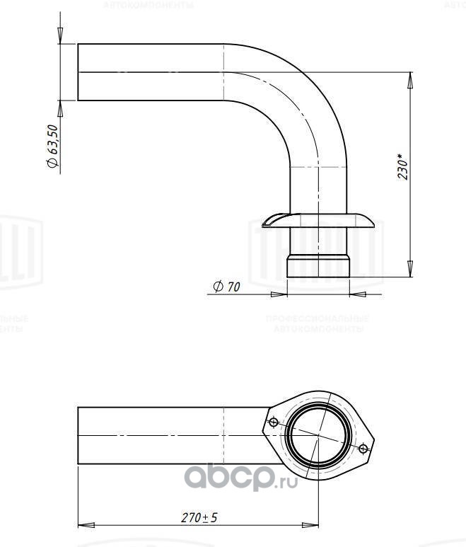 emp0305 Труба выхлопная для а/м ГАЗ 3302 Евро-3 выход бок. (алюм. сталь) TRIALLI EMP 0305 — фото 255x150